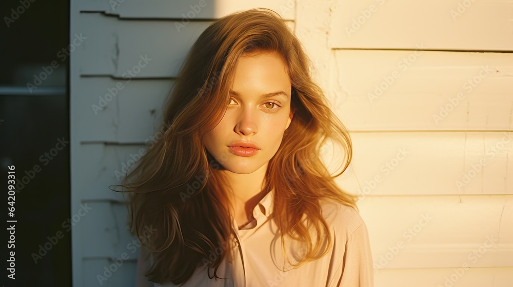 Wall mural caucasian woman with light brown hair in an elegant neutral outfit at golden hour, film portrait