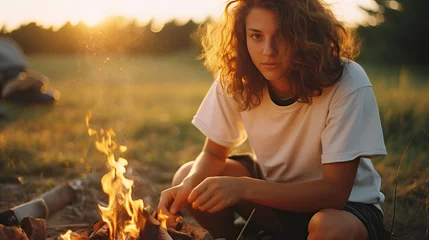 Papier Peint photo Feu Young woman building a fire at a lakeside, film portrait