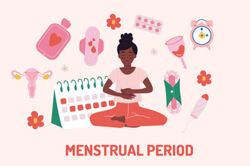 Menstruation period flat design background with African American woman