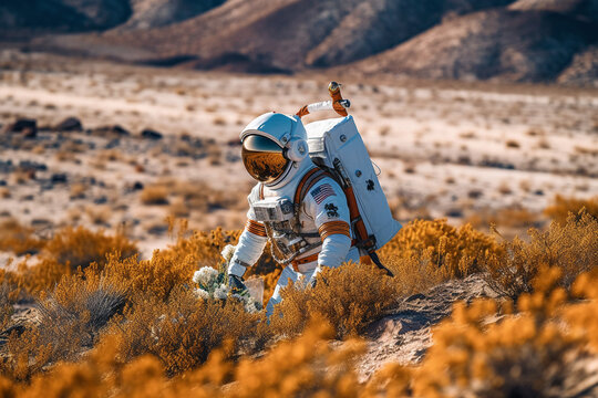 An astronaut collects samples of an earth-like planet.