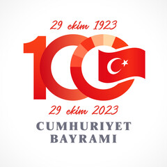 Obraz premium 100 years of Republic Day of Turkey October 29. Creative number 100. Turkish state flag. 100th anniversary 1923-2023 banner. Red design. Social media post. Isolated elements. Graphic illustration.