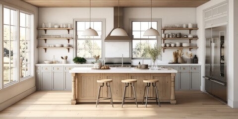 Interior design or bright white modern kitchen, fresh vegetables fruit wooden table, empty...