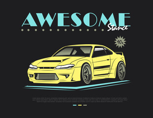 yellow 90s car illustration graphic vector with text