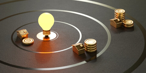 Concept Idea of Invest, Real estate business mortgage. generic golden coins black background.