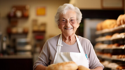 old woman lovely senior, elderly, retired, woman working at her bakery coffee shop. Small business,...