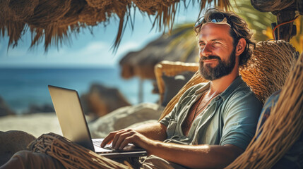 Horizontal ilustration of a happy man working on a laptop in a  beach cafe.  For banners, covers, backgrounds and other projects about work while traveling.