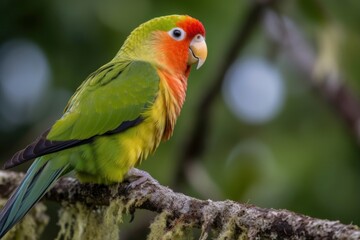 Parrot sits on a branch in the garden in summer