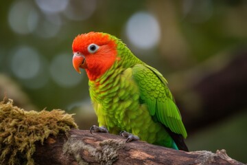 Obraz premium Parrot sits on a branch in the garden in summer