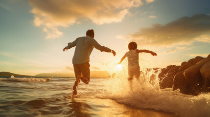Fototapeta premium happiness cheerful family concept family walk relax on the beach sand ocean sutset pleasure moment together,ai generate