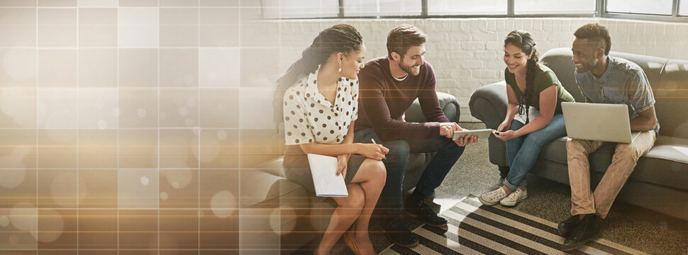 Banner, brainstorming with men and women in creative office with laptop, tablet and idea. Overlay, conversation and teamwork mockup, group of young business people networking at tech startup together