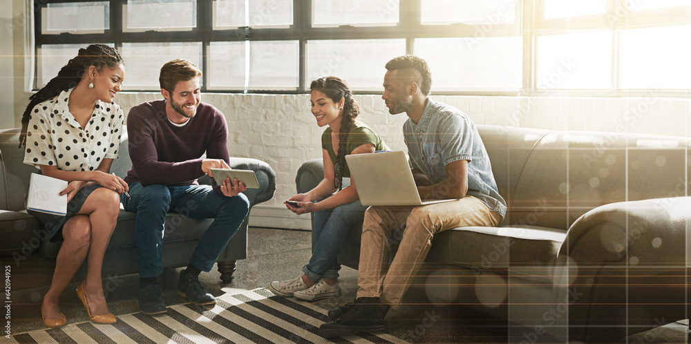 Canvas Prints Meeting, technology and overlay with a business group in an office lounge for planning or strategy. Collaboration, diversity or digital cityscape with an employee team working in a break room