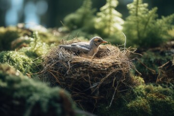 Small bird in the nest on branches tree in the nature