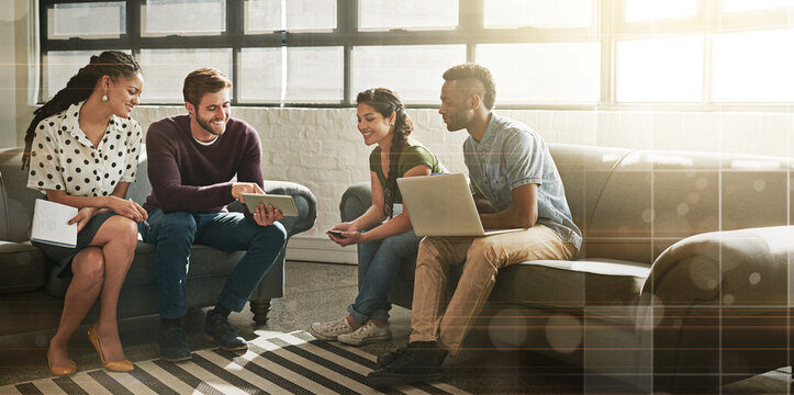 Meeting, technology and overlay with a business group in an office lounge for planning or strategy. Collaboration, diversity or digital cityscape with an employee team working in a break room - Powered by Adobe