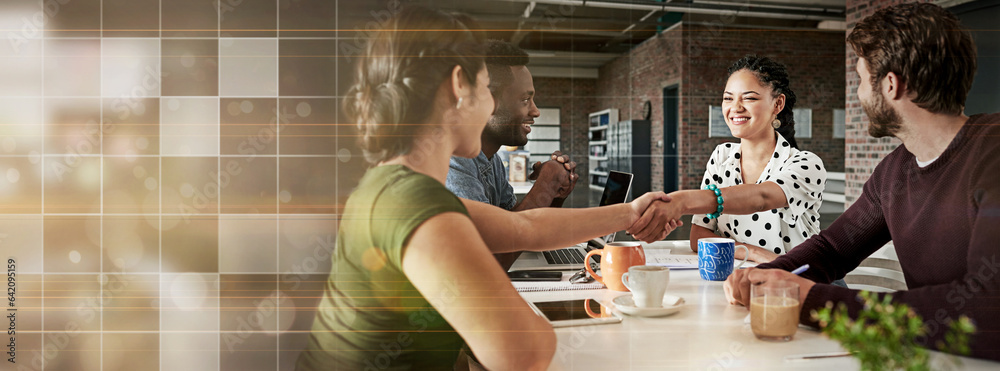 Poster banner, handshake and group of business people in meeting with coffee, onboarding and b2b networking