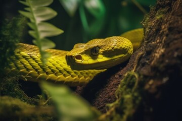 Close up of juvenile Green Tree Python, bright yellow with brown markings curled around a branch.