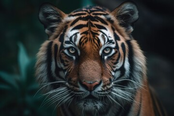 Angry tiger,Sumatran tiger (Panthera tigris sumatrae) beautiful animal and his portrait.
