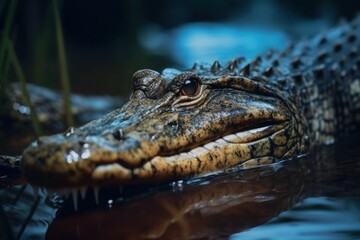 Obraz premium crocodile smiles.the crocodile's eyes looking directly at the camera.crocodile looks directly into the camera.crocodile smiles and shows her teeth. close-up photo of crocodile's eyes