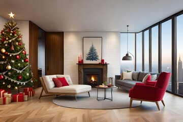 stylish room interior with fireplace cozy armchair beautiful christmas tree
