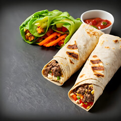 Burritos wraps with beef and vegetables on black background.