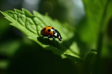 Naklejka premium Macro of ladybug on a blade of grass in the morning sun