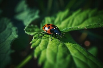 Fototapeta premium Macro of ladybug on a blade of grass in the morning sun