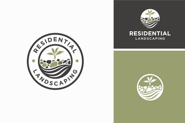 Gravel Leaf Soil Arrangement for Landscape Design. Leaves Stones and Water for Nature Forest Creek River Environment Logo Design