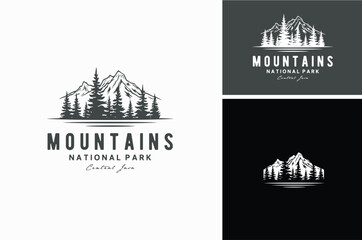 Naklejka premium Mountain Peak with Lake Forest, Pine Evergreen Larch Tree with River Creek Landscape Outdoor Silhouette Label Logo Design