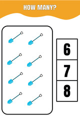 How many shovel are there? Educational math game for kids. Printable worksheet design for preschool or elementary kids.