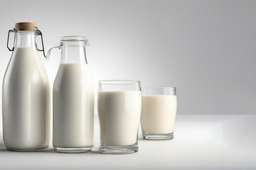 milk in the bottles and glasses