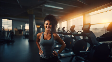 African American woman with long dark hair fitness trainer smiling and looking at the camera on the...