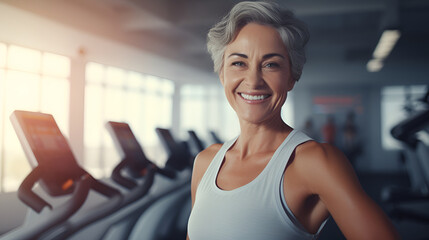 Obraz premium Senior woman with short gray hair fitness trainer smiling and looking at the camera on the background of the gym. The concept of a healthy lifestyle and sports. top mockup gray sportswear top