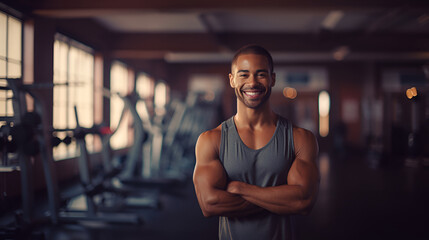 Muscular African American man in grey sportswear, fitness trainer smiling and looking at the camera...