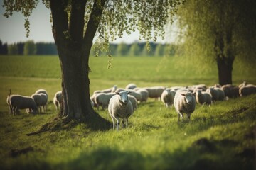 Sheeps in a meadow on green grass at sunset. Portrait of sheep. Flock of sheep grazing in a hill.