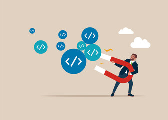 Businessman using magnet to magnetize coding program. Coding to exchange information for website. Vector illustration