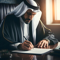 man from Saudi arabia  signing a contract to close a business deal 