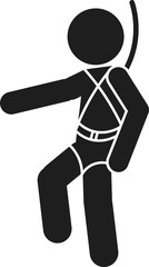 Isolated illustration of man wearing rope and body harness while climbing up, for safety intruction, high danger, industrial protection alert sign