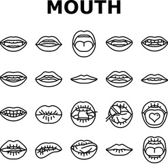 mouth character animation icons set vector. smile face, movement pronunciation, sync talk, expression speech, lip speak mouth character animation black contour illustrations