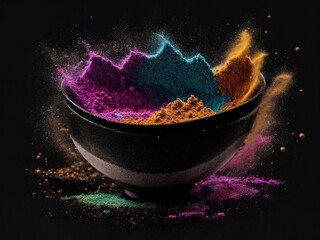 illustration of bowl with holy dust splashing on black background