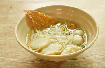 boiled silver needle  noodles or Kiem Yi  with meatball made fish and shrimp with bean sprout in soup on bowl  