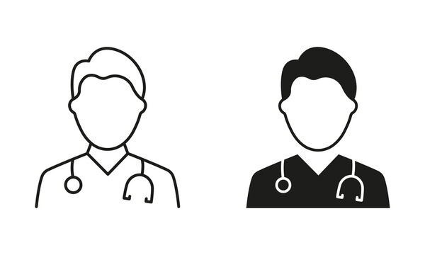 Medical Specialist Symbol Collection. Professional Doctor with Stethoscope Line and Silhouette Black Icon Set. Male Physicians, Medic Assistant Pictogram. Isolated Vector Illustration