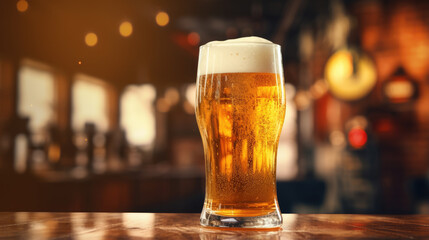 A glass of cool beer on a wooden table against a pub backdrop.