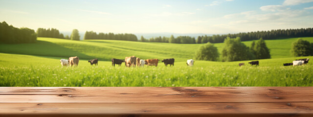 Fototapeta premium Empty wooden table top with grass field and cows in background.