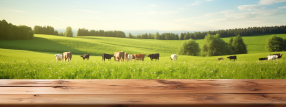 Empty wooden table top with grass field and cows in background.