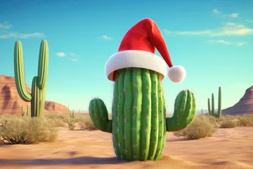 Photo sur Plexiglas Arizona Cute Cartoon Cactus with a Santa hat and Sunglasses in the Desert