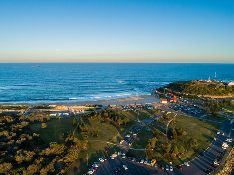 Aerial view of Camp Shortland and Nobbys beach at sunset