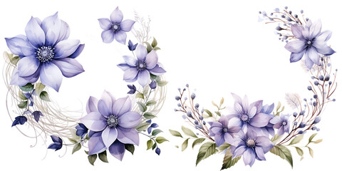 Beautiful wedding wreath with Clematis flowers watercolor elements set.