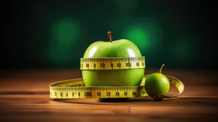 Foto op Plexiglas Dieting symbol of green apple with measuring tape on blurred background © MP Studio
