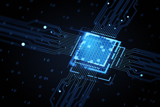 Hardware digital processor circut hologram. Tech concept.