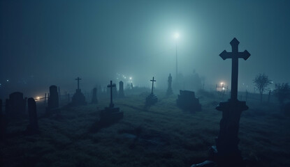 halloween monster cemetery creepy zombie fear night horror hand moon. Generative AI.