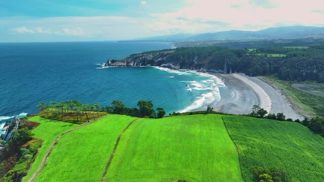 Aerial view from a drone of the Partial Nature Reserve of the Barayo estuary between the municipalities of Navia and Vald&eacute;s. Asturias. Cantabrian Sea. Spain. Europe